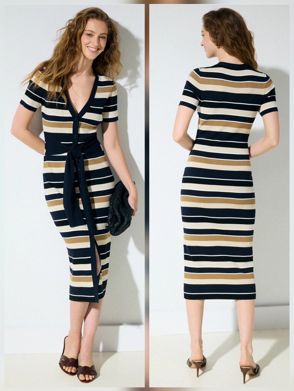 Toccin Tie Front Short Sleeve Midi Dress Halter Neck Size M